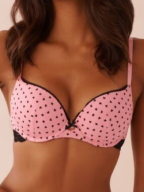 La Vie En Rose Pink Heart Print Push-Up Modal and Lace Demi Bra with Black Trim
